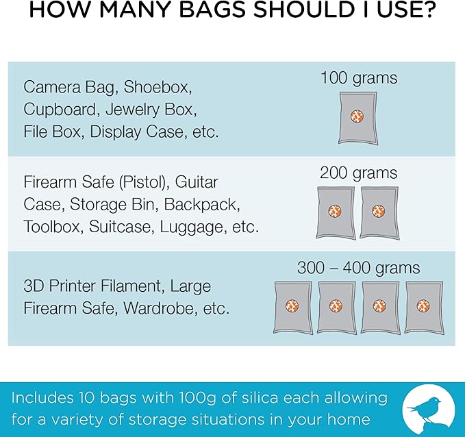 BIRDROCK HOME Reusable Desiccant Pack 100g (10-Pack) – Silica Gel Moisture Absorber & Humidity Control Packs for Electronics, Camera Bags, Gun Safes, Luggage & Storage