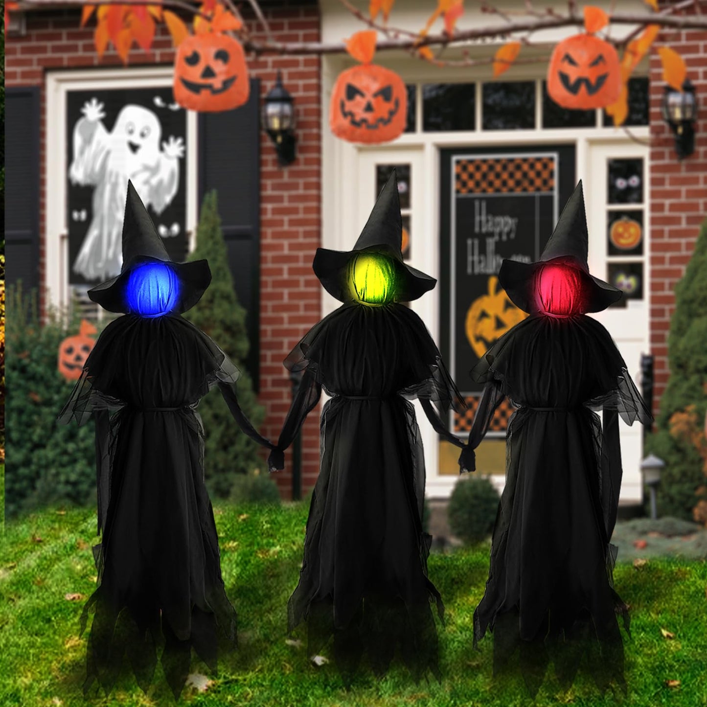 Halloween Witches Outdoor, 3 Light Up Witches Holding Hands with Stakes, Witch Decorations with Glowing Face for Yard Garden Outside Lawn Porch