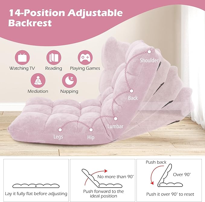 COSTWAY Floor Chair, Video Gaming Chairs with Back Support, Adjustable 14-Position, Alloy Steel Frame, Soft Coral Fleece, Lazy Sofa Lounge for Reading Living Room Recliner for Adults Kids (Light Pink)