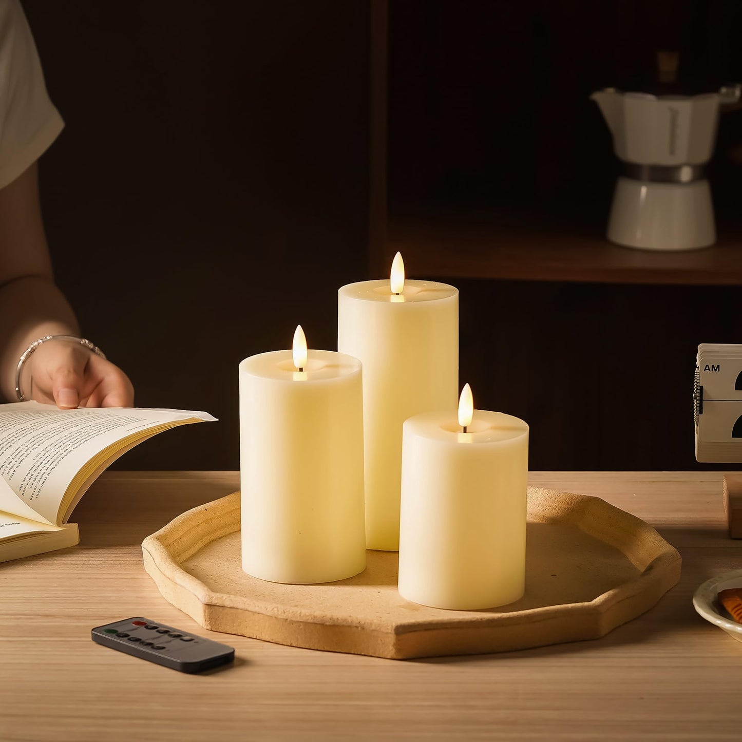 Stmarry Ivory Flameless Candles with Remote and Timer, Real Wax Made LED Pillar Candles Battery Operated with 3D Flickering Flame - 3" x 4", 3" x 5", 3" x 6" - Set of 3