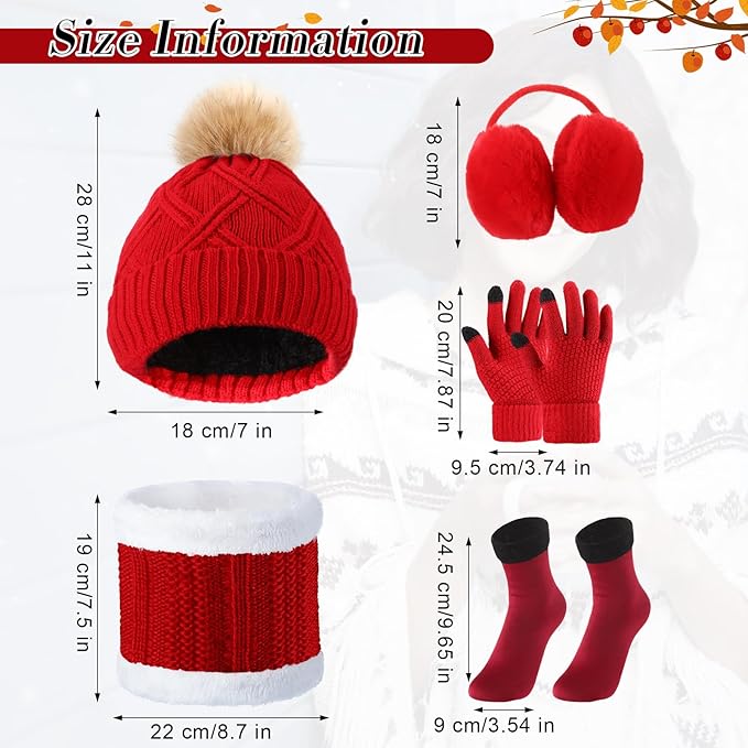 SATINIOR 5 Pcs Winter Hat Scarf Gloves Set Fleece Warm Lined Knit Beanie Hat Touch Screen Earmuff Gloves Warmer for Women(Red,Stylish Style)