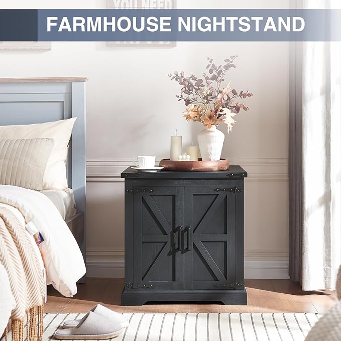 Barnyatoh Farmhouse End Table with Charging Station,24" Large Side Table with Barn Door, Rustic Wood Square Nightstand Bedside Table with Adjustable Storage Shelf for Living Room, Bedroom,Black 2-Pack
