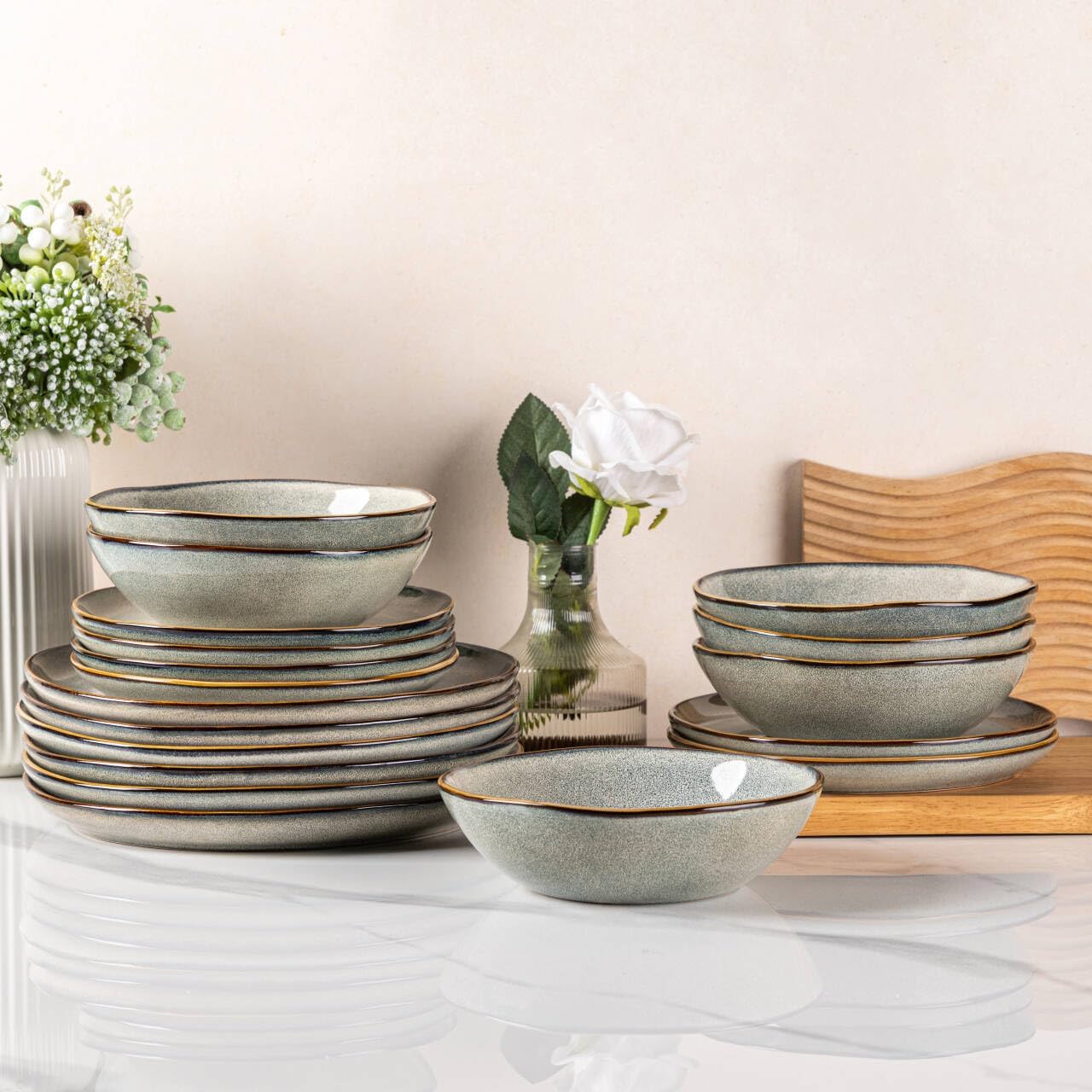 AmorArc Ceramic Dinnerware Sets,Handmade Reactive Glaze Stoneware Plates and Bowls Sets,Highly Chip and Crack Resistant | Dishwasher & Microwave Safe Dishes Set,Service for 4 (12pc)
