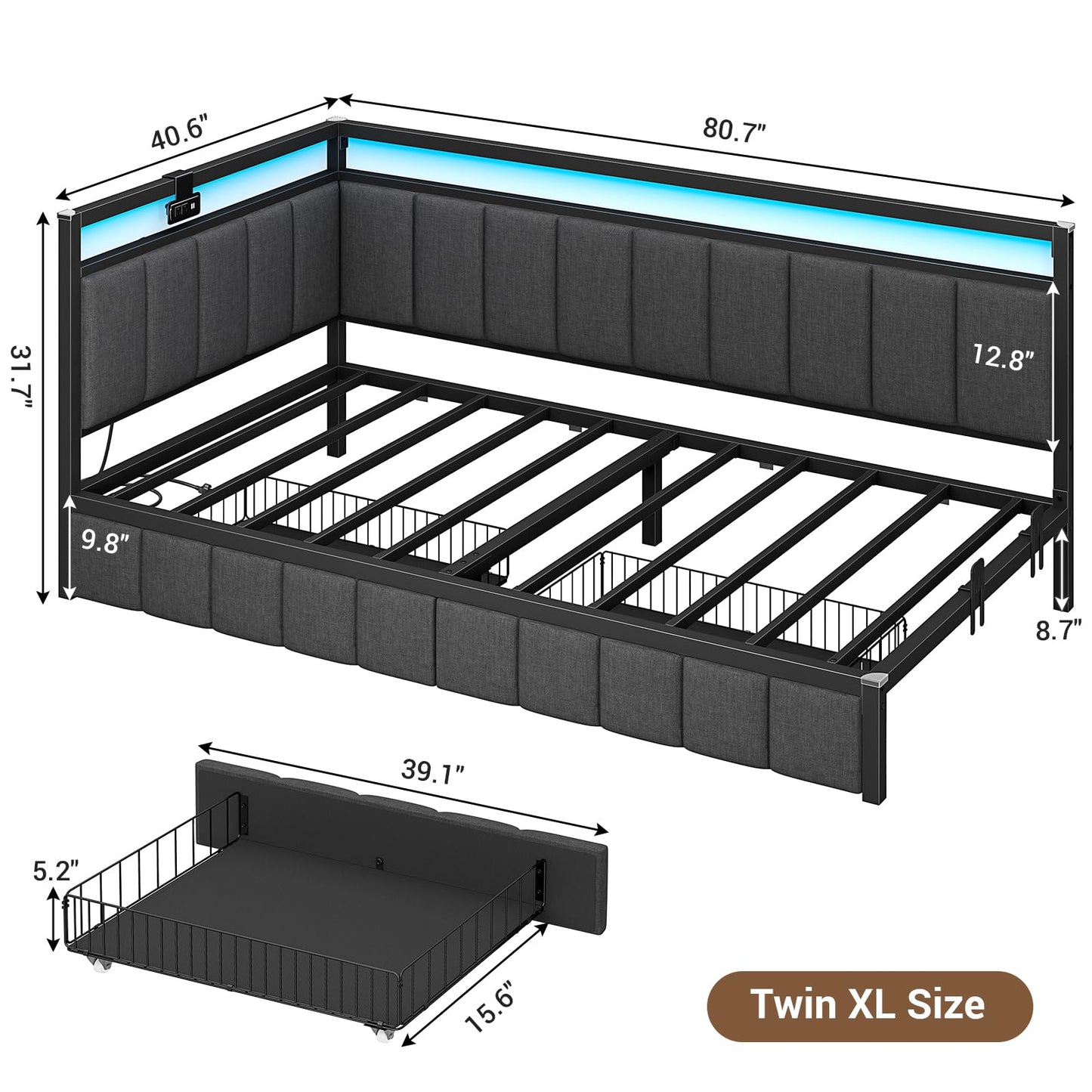 Hasuit Corner Bed Frame with Storage Drawers, Twin XL Daybed with Line Fabric Upholstered Fence, Kids Bed Unit with LED Light and Charging Station, Modern Bed Frame Twin XL Size, Gray