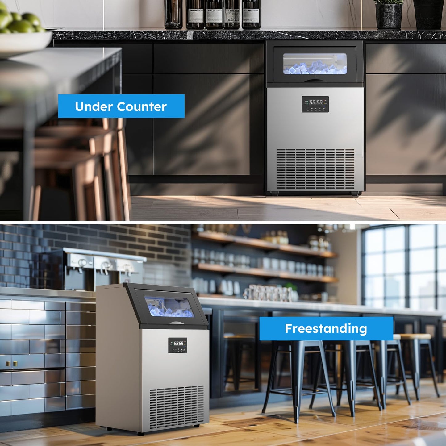 Commercial Ice Machine 150 LBS/24H with 50 LBS Storage Bin, Ice Cubes Ready in 5-15 min, Stainless Steel Industrial Ice Maker, Self-Cleaning, Timing Function, Adjustable Ice Thicknesses