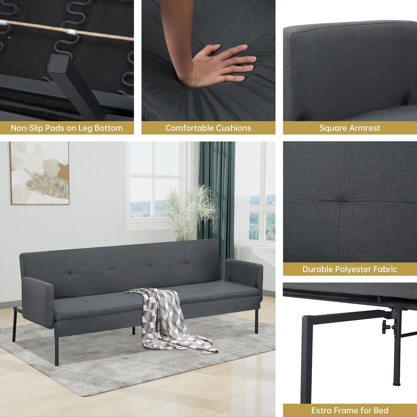 NicBex Futon Sofa Bed, Convertible Loveseat Sleeper Couch, Adjustable Recliner Sofá, Folding Accent Sofa&Couch with Metal Frame and 6 Angles for Living Room, 300 lbs/Seat, Easy to Assemble