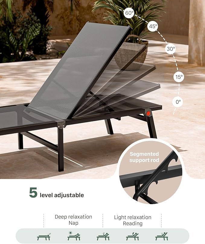 Aluminum Chaise Foldable Patio Lounge Chair Outdoor, Metal Deck Lounger Adjustable 5-Position Recliner Pool Chase Breathable Full Flat Outside Sun Tanning Chairs for Beach/Poolside/Lawn(Grey, 1 Pack)