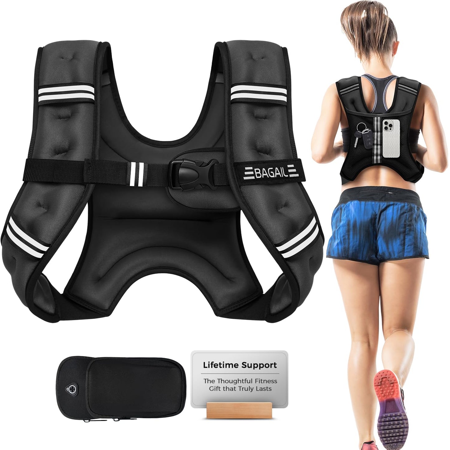 BAGAIL Weighted Vest, 5lb/8lb/10lb/12lb/15lb/20lb/25lb/30lb Weight Vest for Walking & Weight Loss, Reflective Rucking Vest with Phone Pouch for Women & Men, Home Gym & Outdoor Training