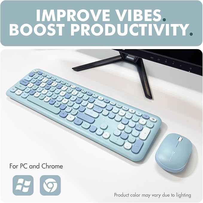 X9 Cute Keyboard and Mouse Combo - Transform Your Space with a Colorful Blue Wireless Keyboard and Mouse Retro Set (110 Keys and 18 Shortcuts) - Aesthetic Keyboard for PC Computer, Laptop