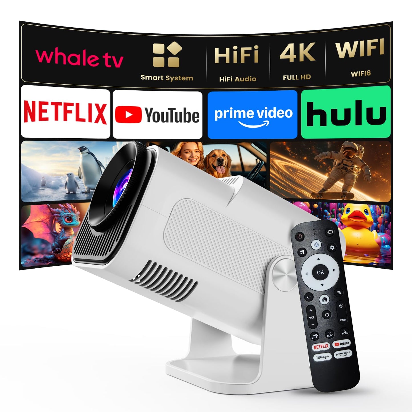 4K Smart Projector [Auto Screen Correction & 3D Audio & 1080p FHD Native Res] Built-in Genuine TV OS - Feature-rich Apps, Black-and-white