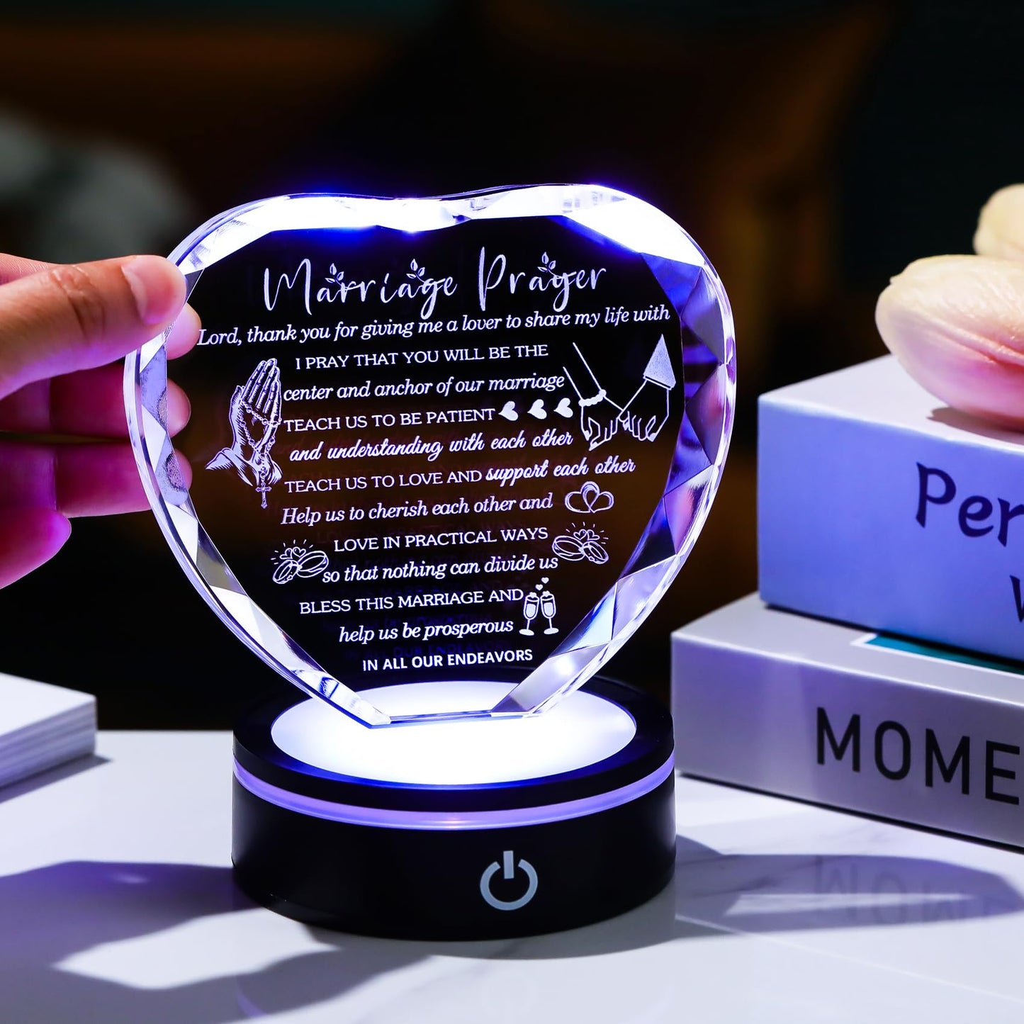 YWHL Wedding Gifts for Couples Crystal Heart Anniversary Marriage Prayer Plaque with Colorful LED Base Wedding Gift with Inspiring Quotes, Unique Newlywed Gifts Mr and Mrs Gifts Bridal Shower Gifts