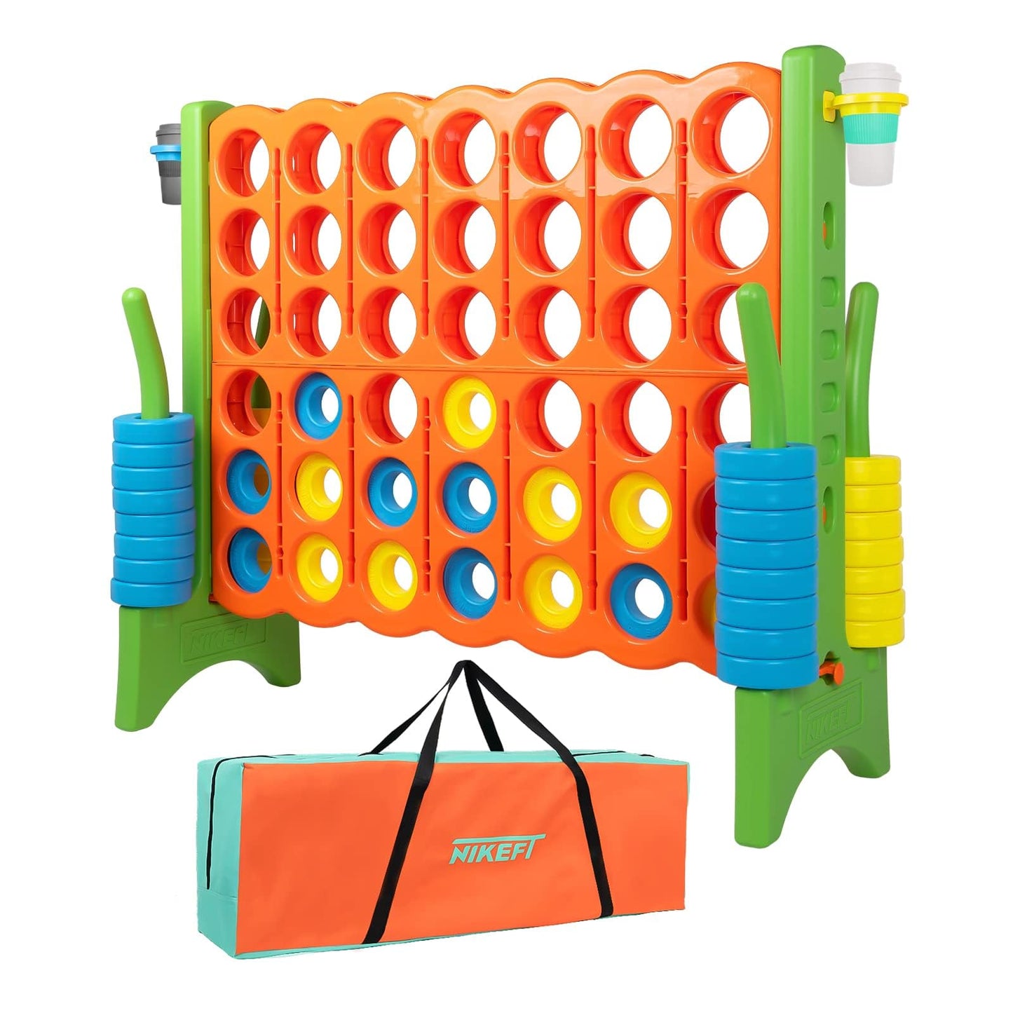 Oversized 4 in a Row Connect Game+Waterproof Carry Bag,Included-4 ft X 3.5 ft Tall,4-to-Score Jumbo with 44 Pieces Rings&Drink Holder,48” Super Size-Indoor&Outdoor Giant 4 Game for Kids&Adults