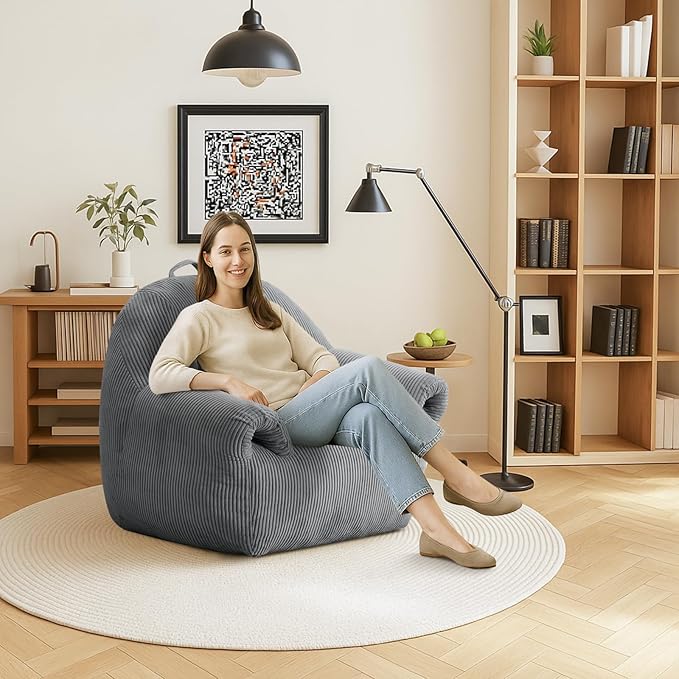 Peace nest Bean Bag Chair with Memory Foam Filled Ultra Soft Corduroy Cover for Adults Comfy Fur Bean Bag Chairs with Armrests for Bedroom Living Room Office Dorm Reading Grey