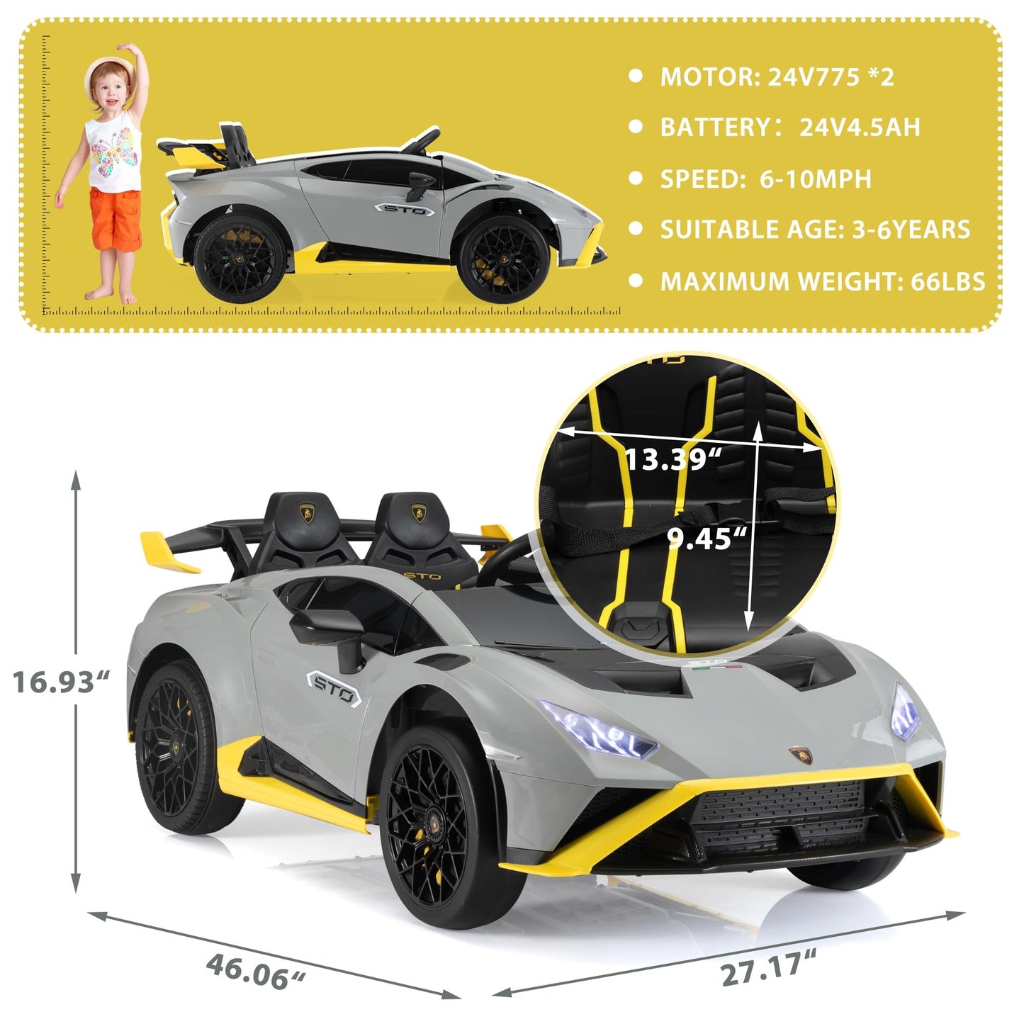 TOBBI Kids Ride on 24V Licensed Lamborghini STO Electric Car for Kids 3-6 Battery Powered Ride on Toys Lambo Sports Car with Remote Control Motorized Drift Vehicle High Speed 10km/h, Gray