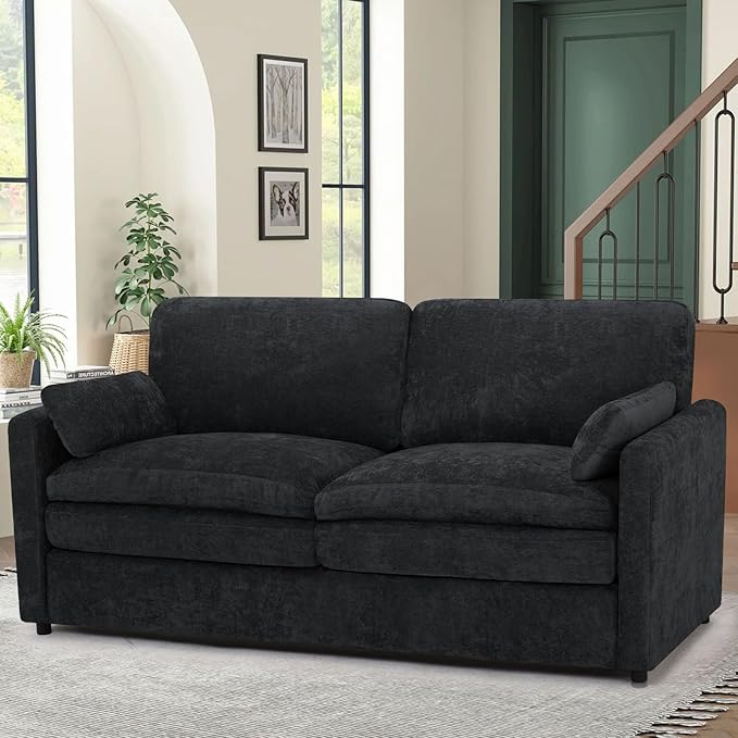 ACMEASE 69” Chenille Love seat Sofa w/Arm Pillows, Upholstered 2 Seater Sofa w/Comfortable Back Cushions, Modern 2 Seats Couch w/High-Density Foam for Living Room, Apartment, Office, Black