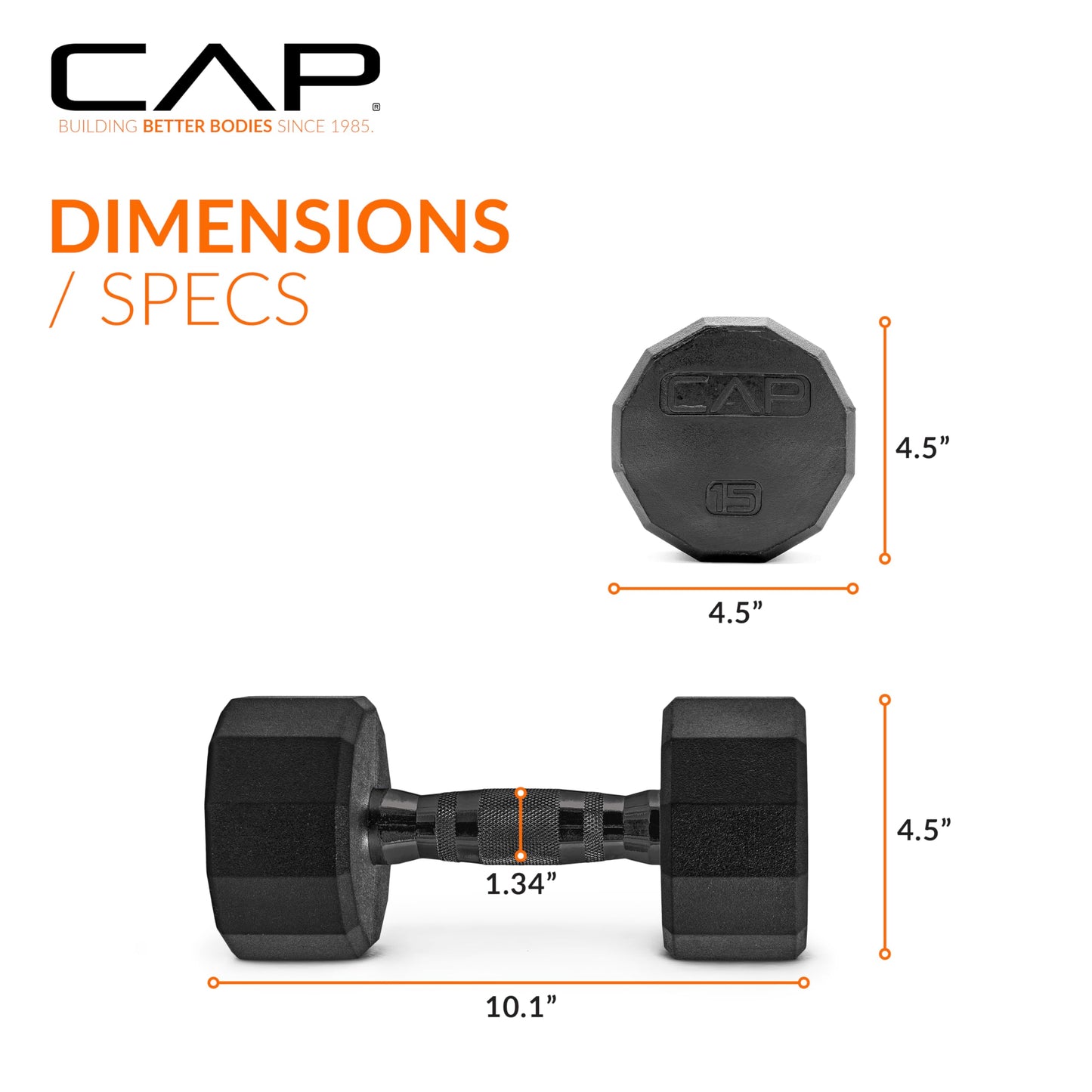 CAP Barbell 12-Sided Coated Dumbbell with Black Handle, Single, 15 LB