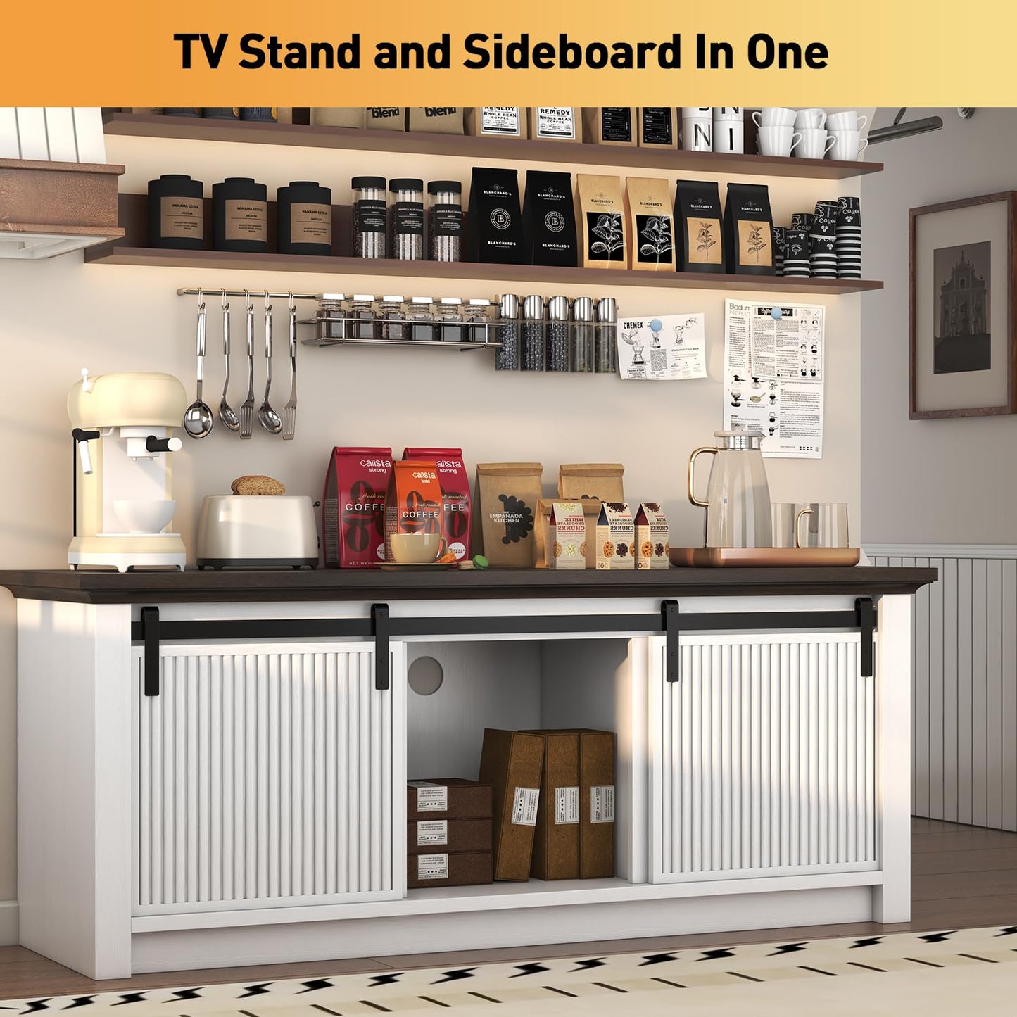 UNIQUITE TV Stand for 60 Inch TV, Fluted Modern Entertainment Center with Sliding Door and Storage Cabinets, TV Console for Living Room & Bedroom (White)