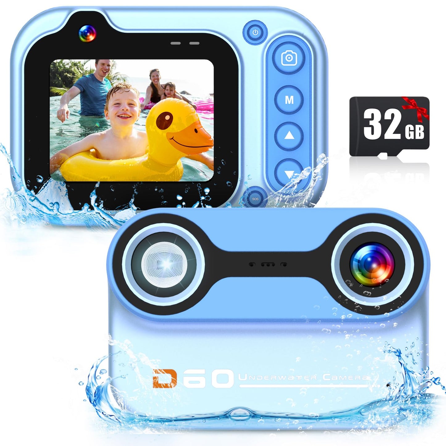 Nawchedo Kids Waterproof Camera, 10FT Underwater Camera, 26MP HD 10X Digital Camera with 2.4" IPS Screen, Kids Action Camera, Blue