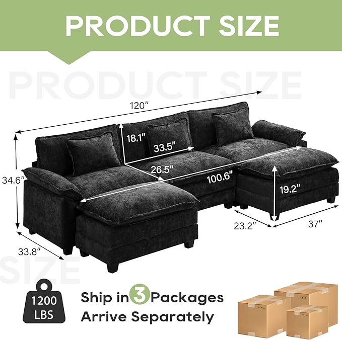 Oprisen 120" Modular Sectional Sofa, Comfy Cloud Couch Sectional Sofa with Ottoman, Chenille Sofa Sleeper Deep Seat Sofa with Throw Pillows for Living Room (Black, 120"- U Shape)