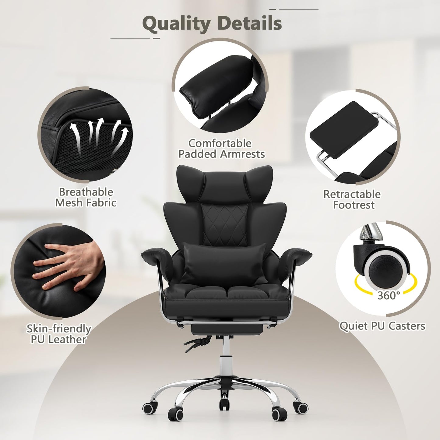 Giantex Office Desk Chair, Big and Tall Executive Office Chair with Foot Rest and Lumbar Support, High Back Leather Swivel Computer Task Chair, Large Ergonomic Reclining Home Office Chair, Black
