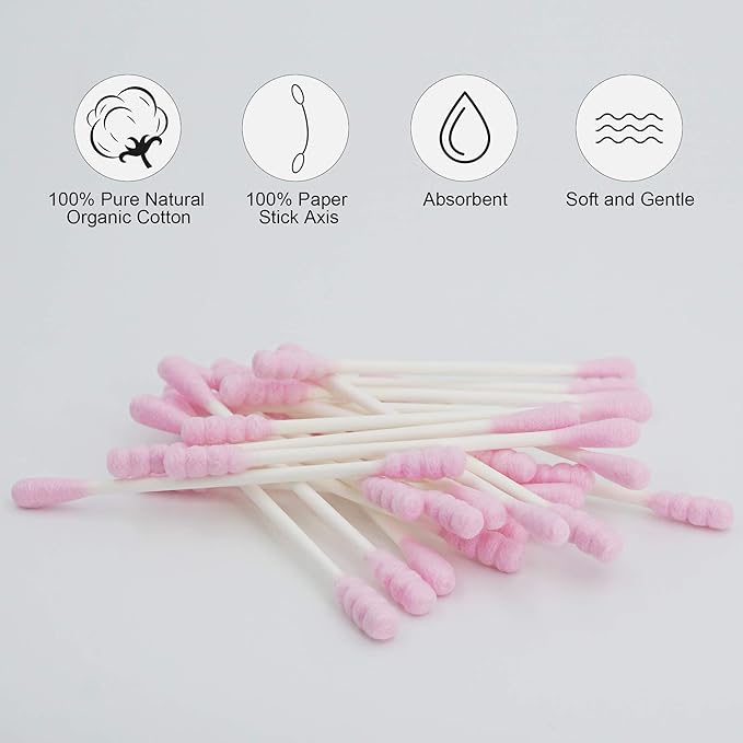 Pink Cotton Swabs Spiral - 800 Count Organic Cotton Buds Double Side Tightly Wrapped Cotton Tips Paper Stick Soft Gentle Lint-Free Cruelty-Free, Round & Spiral (Pink)