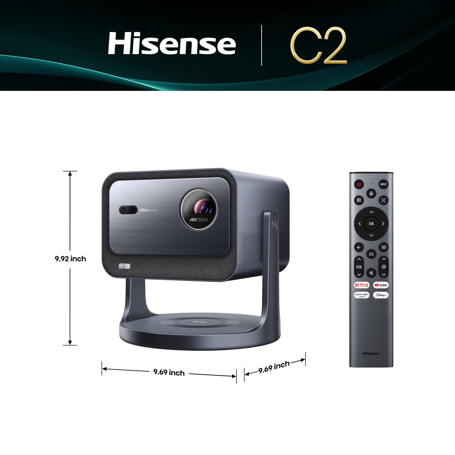 Hisense Laser Mini Projector C2, 65-300", Gimbal Design, 4K, Triple Color Laser, 110% BT.2020, 2000 ANSI Lumens, 1700:1 Native Contrast, Dolby Vision, HSR240, Sound by JBL