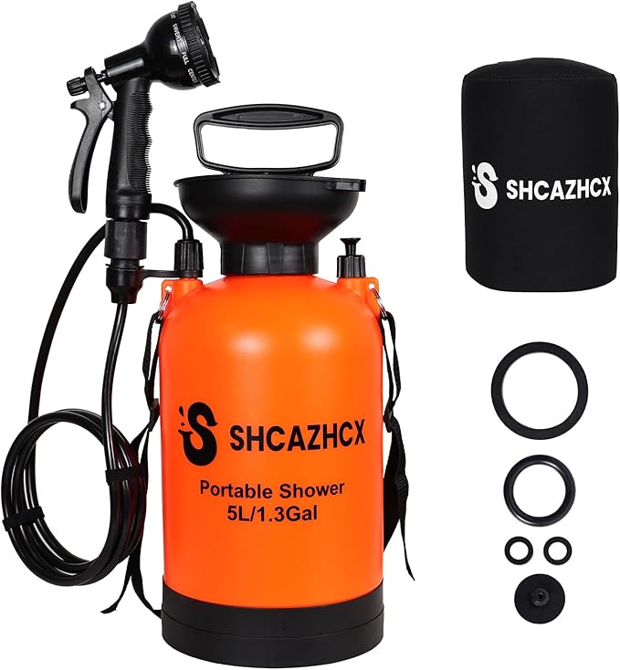 Shcazhcx 1.3 Gallon/5L Portable Outdoor Shower, 10 Spray Modes, No Power Needed, Insulated Sleeve Keeps Water Warm, Multi-...