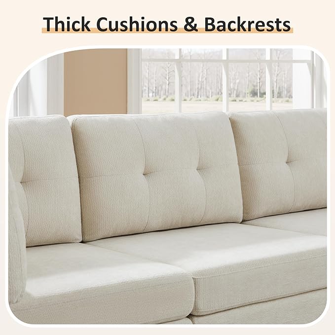 VANOMi 6 Seater Sectional Couches for Living Room, 118" Convertible Modular Cloud Sofa, Comfy Chenille Sofas & Couches for Living Room, Apartment, Office, White, L/U Shaped