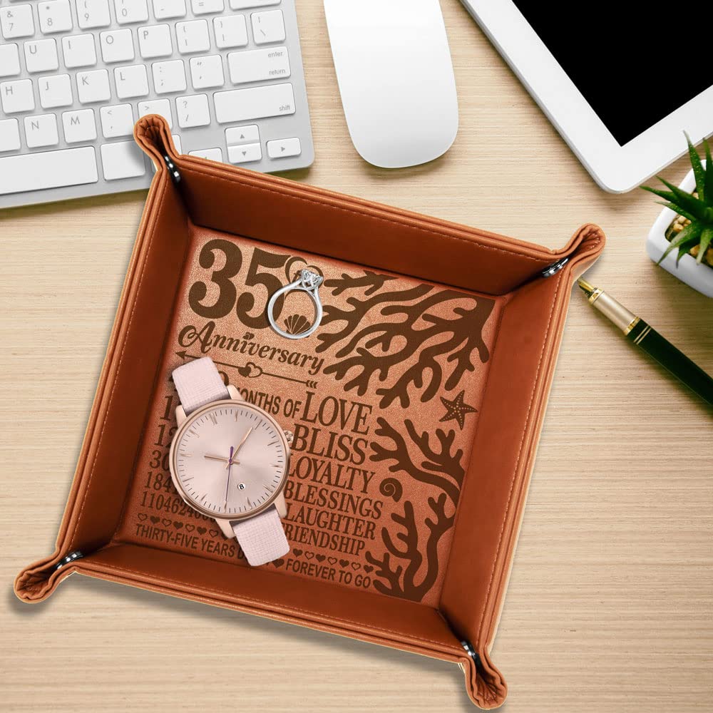 KATE POSH 35 Years of Marriage Engraved Leather Catchall Valet Tray, Our 35th Wedding Anniversary, 35 Years as Husband & Wife, Gifts for Her, for Him, for Couples, Coral Anniversary Design (Rawhide)