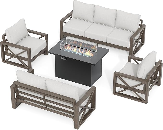 UDPATIO 5 Piece Aluminum Patio Furniture Set with Fire Pit Table, Faux Wood Patio Conversation Set with 6" Olefin Cushions, Aluminum Outdoor Furniture, 600D Waterproof Cover Included, Light Grey