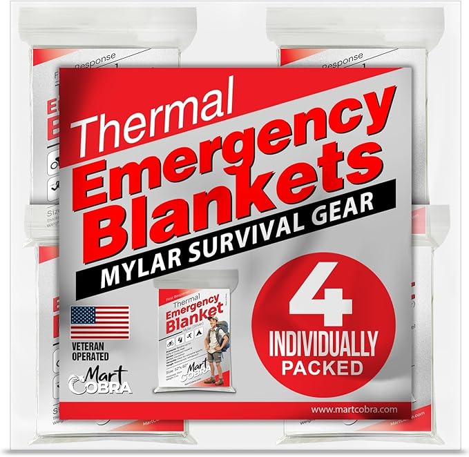 Emergency Blanket 4-Pack Space Mylar Blankets Survival Gear and Supplies Reusable Thermal Camping Hunting Essentials First...