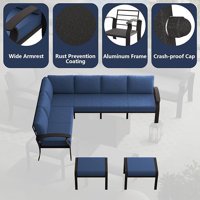 RTDTD Aluminum Outdoor Patio Furniture Set,8 Seats Patio Conversation Sets with 45" Propane Fire Pit Table,Metal Patio Sectional Furniture Set with Ottomans,Navy Blue
