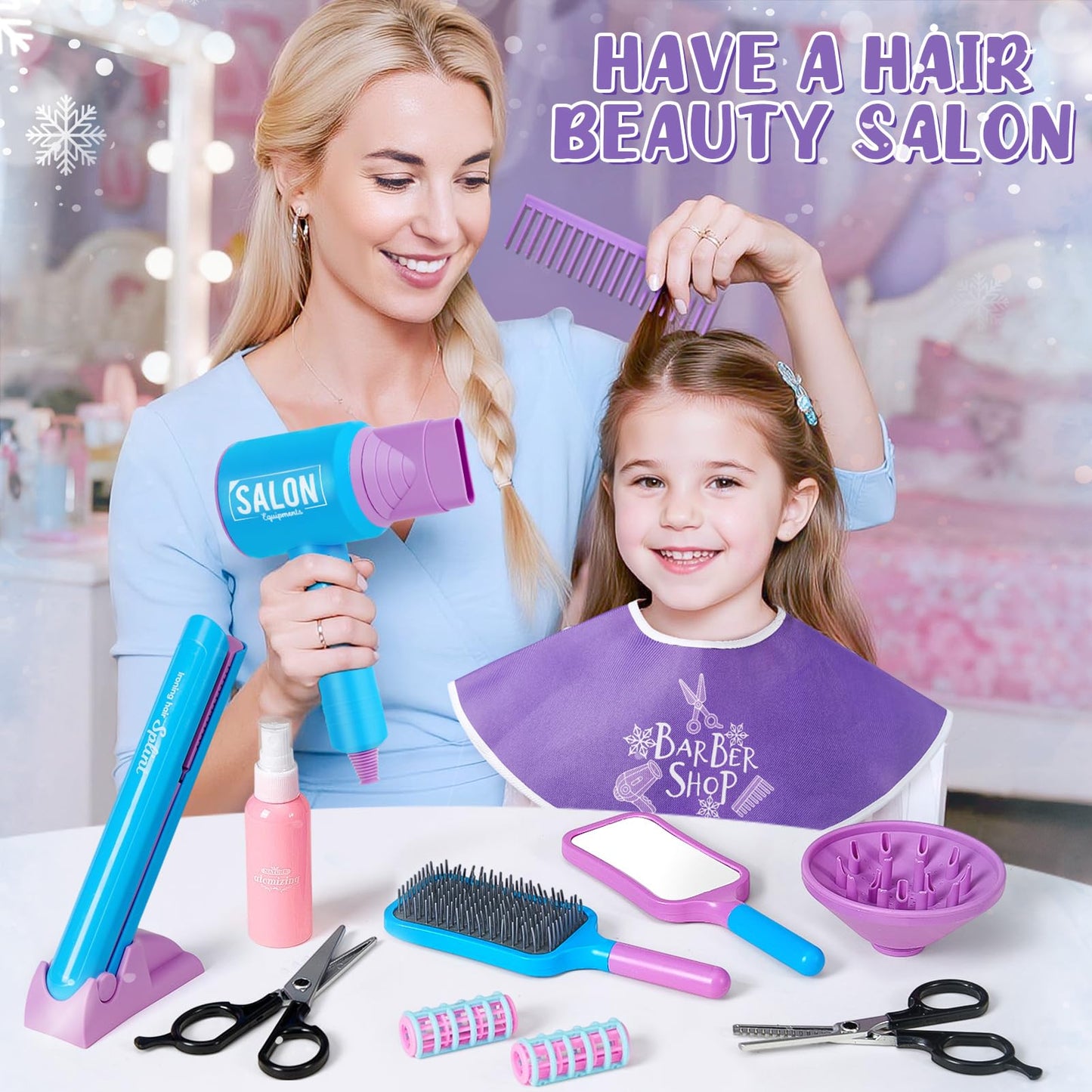 Cleboen Hair Salon Toys for Girls, Kids Pretend Play Beauty Salon Hair Styling Set with Blow Dryer Straightener Mirror Apron Styling Accessories & Makeup Set, Birthday Gifts for Girls 3 4 5 6 7 8+