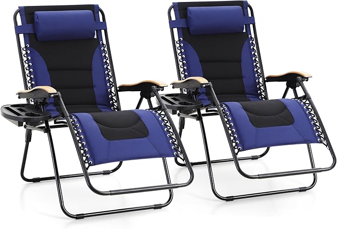 MAISON ARTS Oversized XXL Zero Gravity Chair Set of 2, 30" Wide Seat Padded Foldable Recliner, Anti Gravity Outdoor Lawn Chair for Poolside/Backyard/Beach, Supports 400lbs, Blue