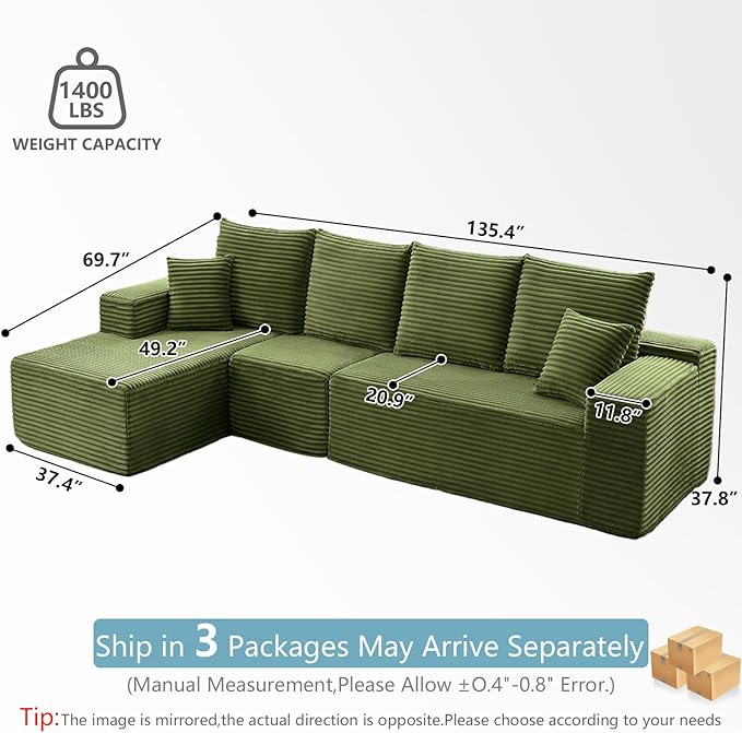 135.4" Cloud Sectional Couch with L-Shape Chaise, Modern Corduroy Boneless Couch for Living Room,Memory Foam Sofa with Deep Seat,No Assembly Required (Green,Left-Facing Chaise)
