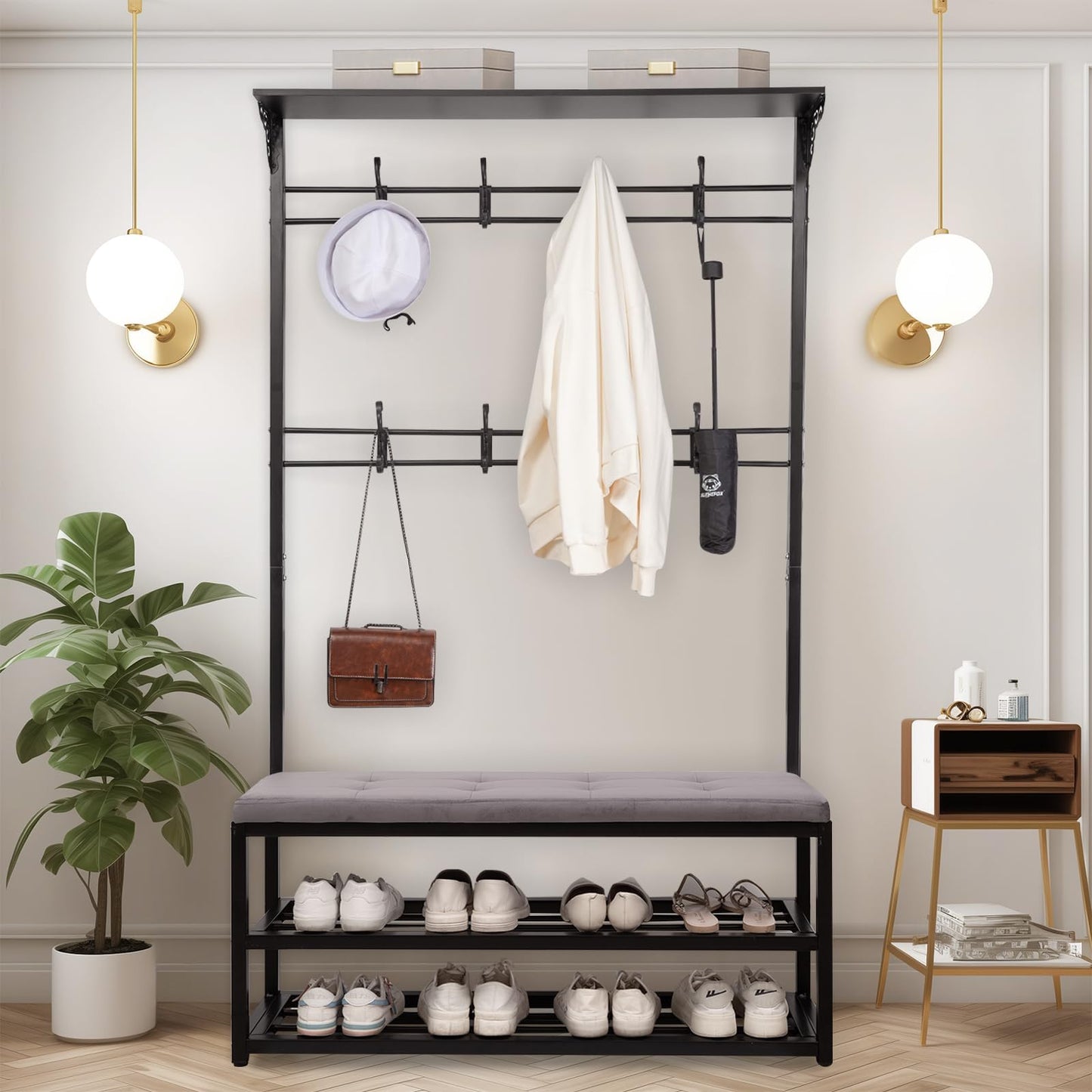 GuiMemi 4-in-1 Entryway Hall Tree with Bench & Shoe Storage, 39.3" Multifunctional Coat Rack Organizer for Mudroom, Entryway Furniture with Adjustable Cushion, 400 lb Weight Capacity.