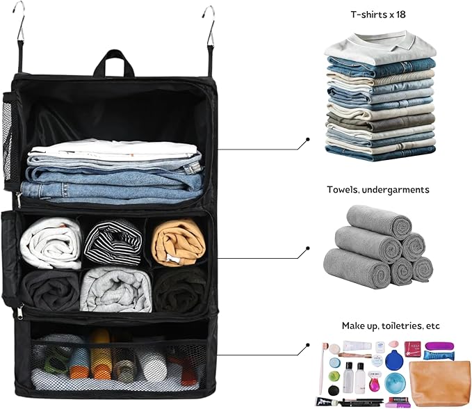 Large Capacity Hanging Organizer - Travel, Suitcase Compression, Luggage Packing, Clothes Closet, Portable Storage Shelves, Includes Shoe Bag