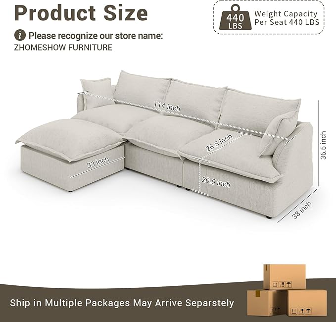 Lopzeho 114” Oversized Modular Sectional Sofa, Comfy Down Fill Cloud Couch with Washable Cover, L Shaped 3 Seater Modular Couch with Ottoman, Convertible Sectional Couches for Living Room, Light Gray