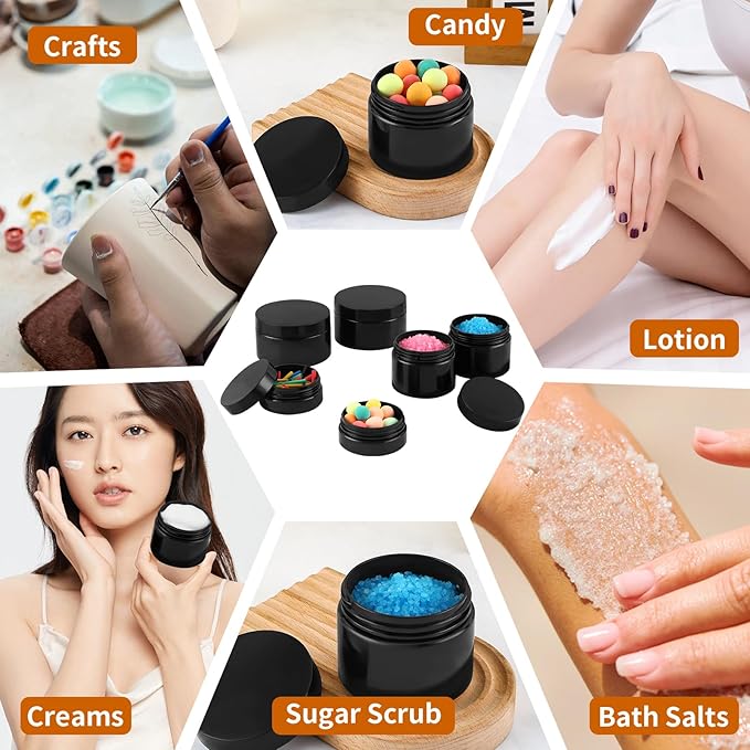 24 Pack 8 Oz Plastic Containers with black Lids, Empty BPA Free and Refillable Cosmetic Jars Travel Containers for Creams, Lotion, Bath Salts, Sugar Scrub, Slime, Lip Scrub, Makeup