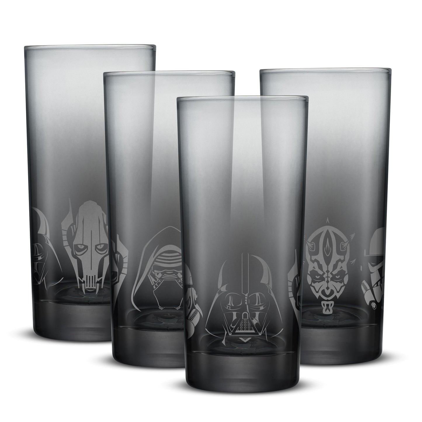 JoyJolt Star Wars Dark Side Drinking Glasses Set of 4, 15oz Highball Glasses, Tall Glass Cups ft Darth Vader Stormtrooper Darth Maul Kylo Ren and General Grievous, Star Wars Merch