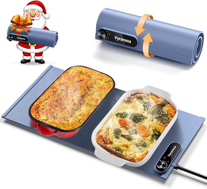 Warming Mat for Food - Space-Saving, Fits Two Baking Dishes, 7 Temp Settings, 4h Auto Shut-Off, Durable Silicone Surface, Easy to Clean, Perfect for Parties and Everyday Use (Blue, Medium)