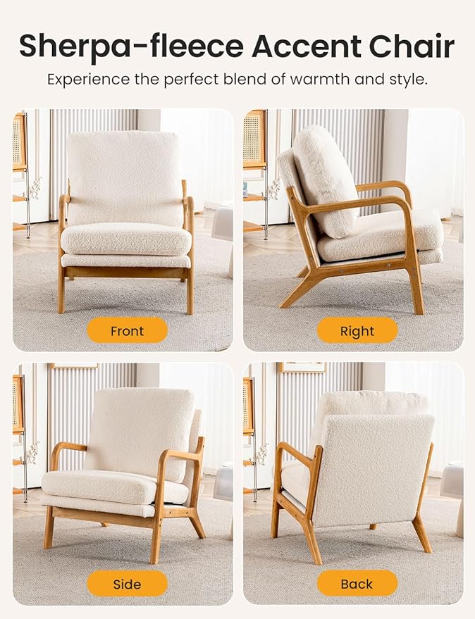 Mixcous Mid Century Modern Accent Chairs for Living Room, 23” Wide Comfy Chair for Bedroom, Small Cozy Sherpa Reading Chairs for Adults, 108° Lounge Arm Chair with Detachable Cover, 5.5" Foam Cushion