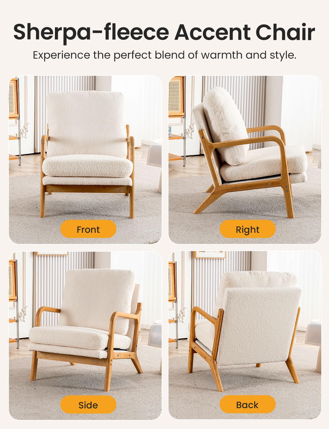 Mid Century Modern Accent Chairs for Living Room, 23” Wide Comfy Chair for Bedroom, Small Cozy Sherpa Reading Chairs for Adults, 108° Lounge Arm Chair Indoor with Detachable Cover, 5.5" Foam Cushion