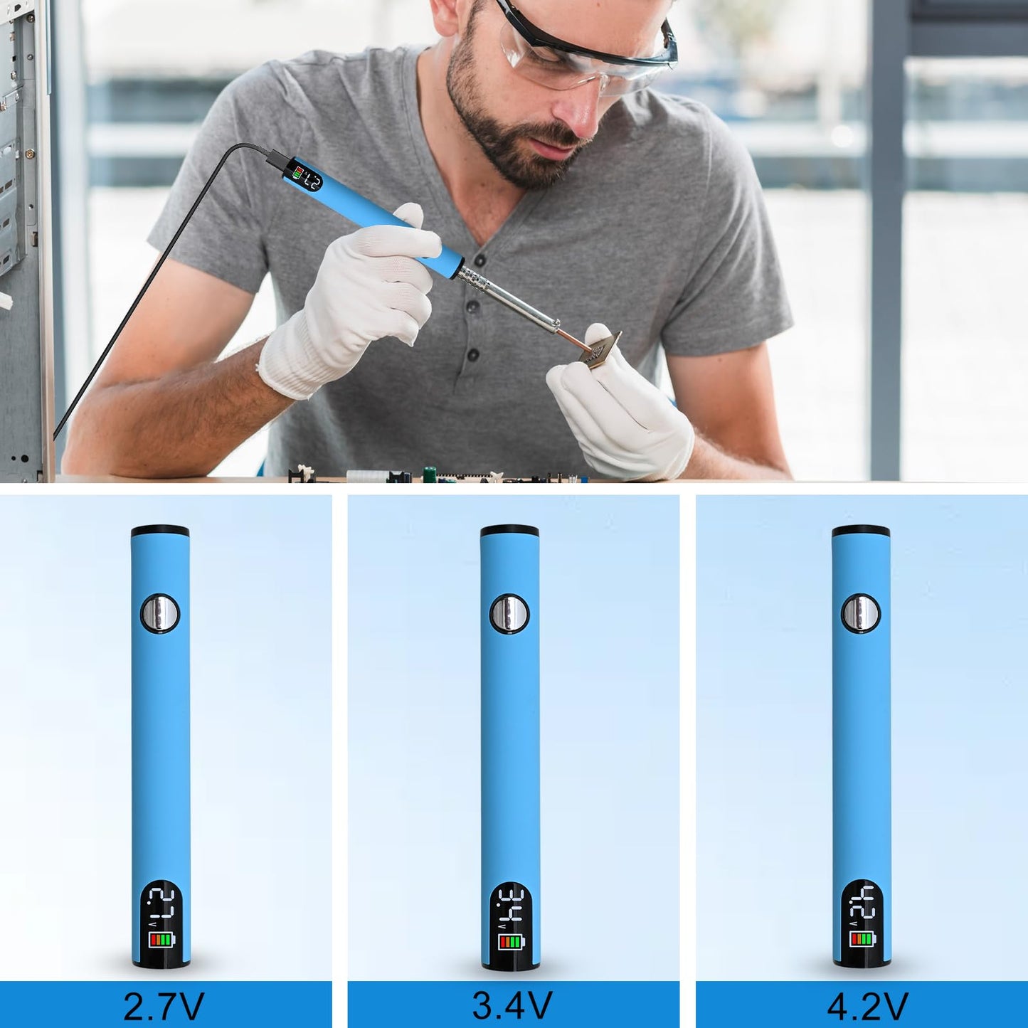 ZMJY Portable Soldering Iron Cart Pen - USB-C Rechargeable with LED Screen, 510 Thread Universal Connector, 3-Temp Ceramic Heating (200-450°C), 650mAh for Electronics Repair, DIY, & Phone Fix (Blue)