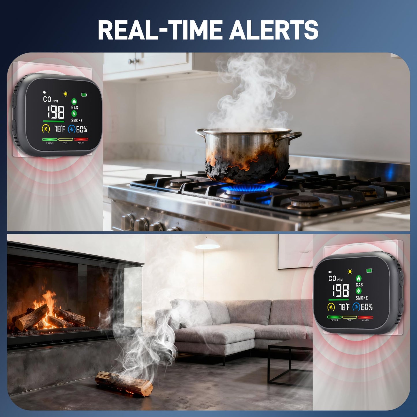 VIPDIGI 5 in 1 Carbon Monoxide Detectors Plug in, Smoke Natural Gas Detector with Alarm, CO Detector, Temp, Humidity, Portable Carbon Monoxide Detector for Home, Black&Grey