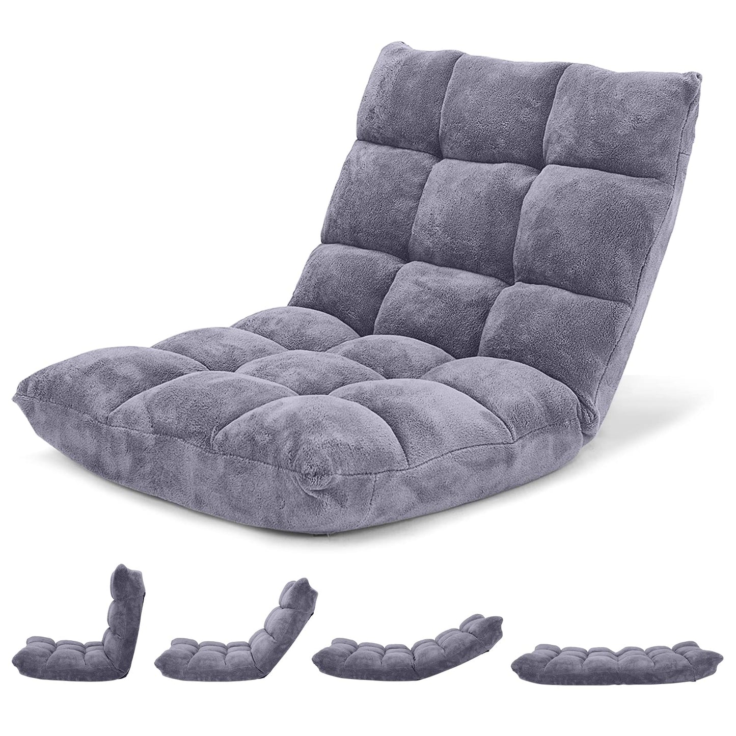 Giantex Folding Floor Chair with Back Support, 14 Adjustable Position, Padded Sleeper Bed, Couch Recliner, Gaming Floor Chairs for Adults, Meditation, Living Room (Grey)