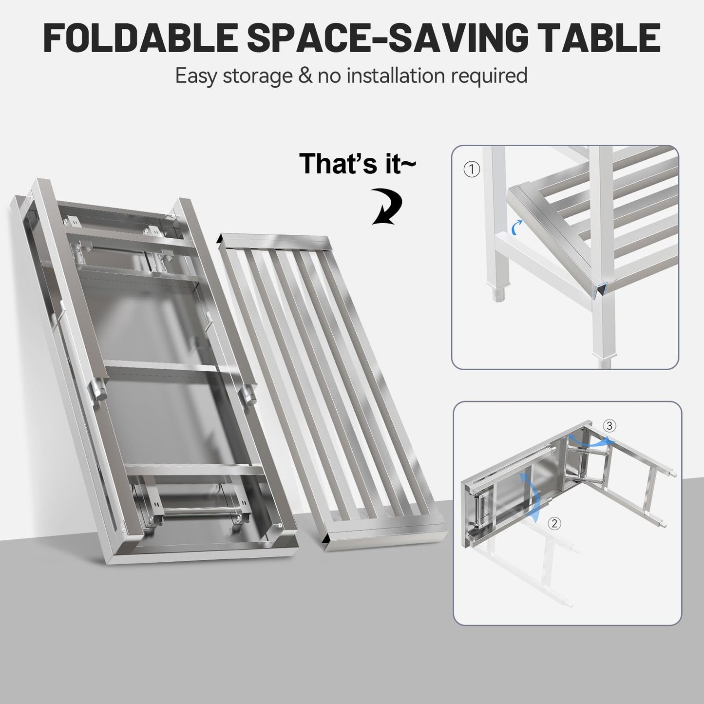 PurezmMoto Folding Stainless Steel Table with Adjustable Table Corners and Lower Removable Shelf 20X45 Inches for Outdoor Camping, Maintenance Room, Storage, Kitchen (with undershelf)