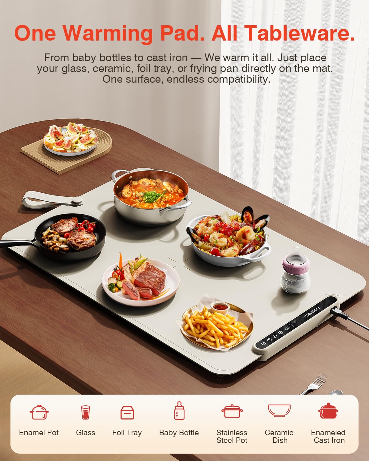 Warming Mat for Food, iTRUSOU Electric Warming Tray 99H Continuous Heat,7 Temp Settings,Patented Full-Surface Heating,°F/°C Switch,Flexible Roll-Up Food Warmers for Parties Buffet,Everyday Use