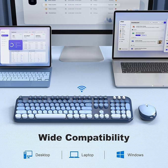 Wireless Keyboard and Mouse Combo, MOWUX Colorful Computer Full Size 2.4G Plug and Play Wireless Typewriter Keyboard and Mouse Set for Computer, Desktop, PC (Sea Blue Gradient)