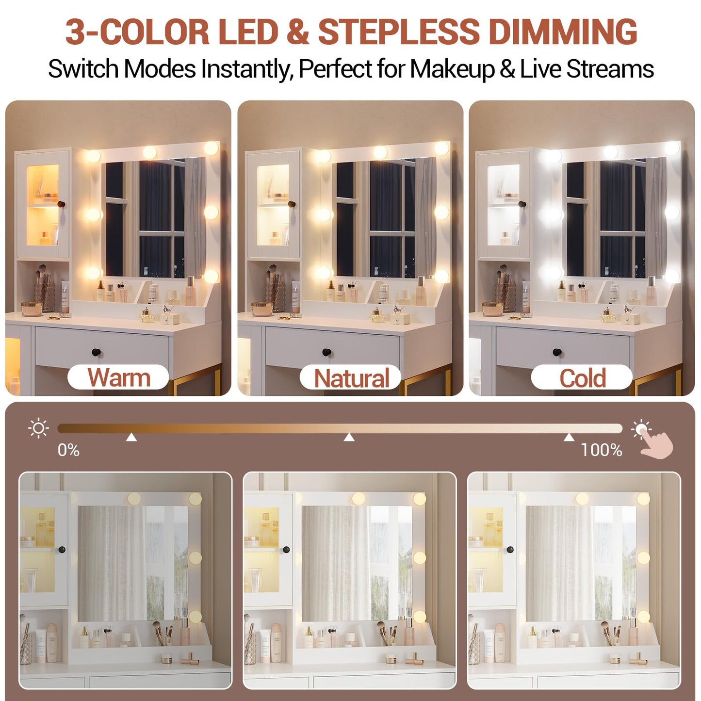 Garvee Vanity Desk with Mirror and Lights Elegant Makeup Vanity Table with Drawers & Cabinets, Storage, Sturdy MDF Top, Adjustable Brightness Bulbs, Built-in Power Outlet & USB Ports for Bedroom